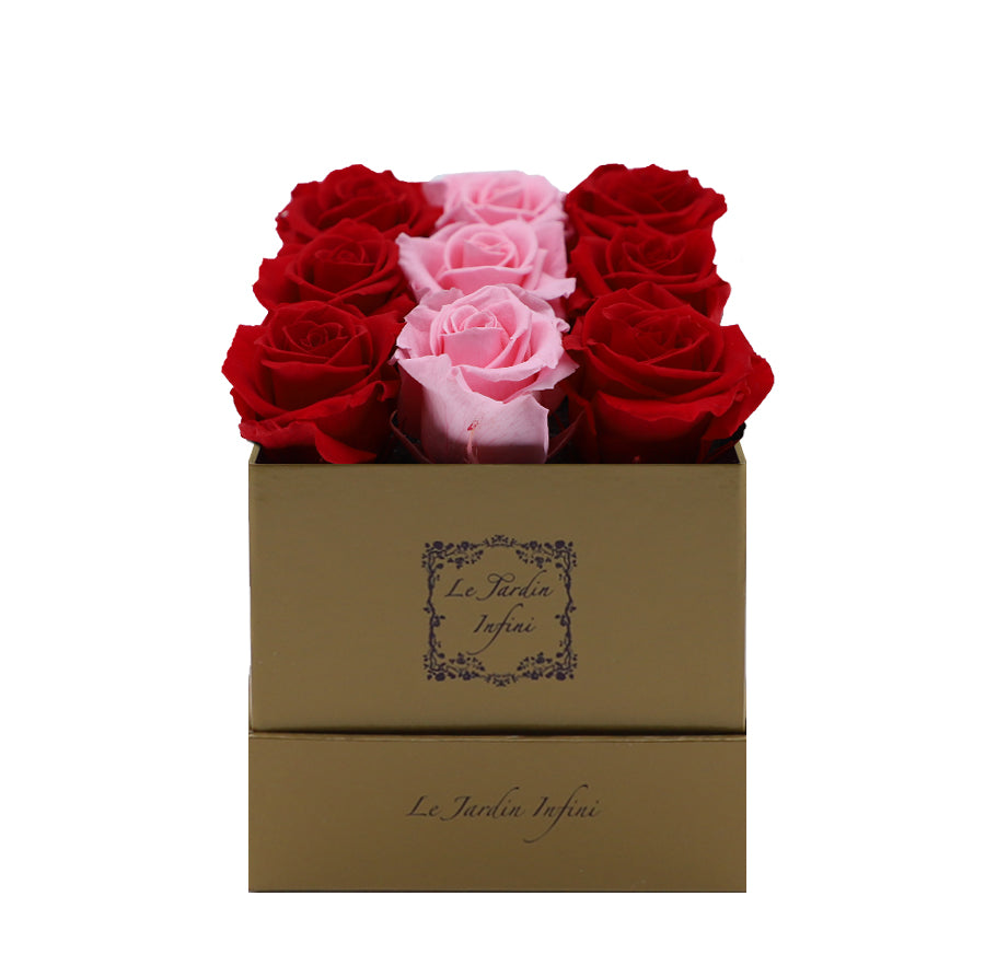 9 Red & Pink Rows Preserved Roses - Luxury Square Shiny Gold Box