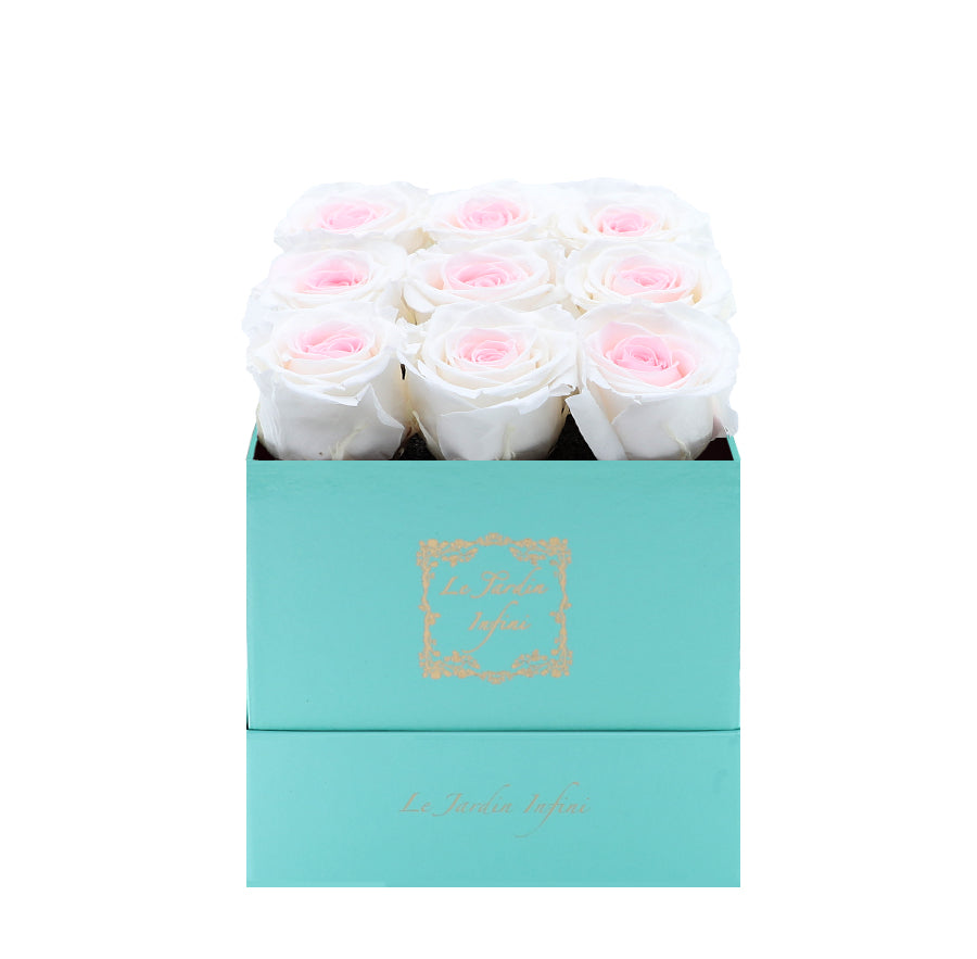 9 Bicolor Preserved Roses - Luxury Square Shiny Turquoise Box
