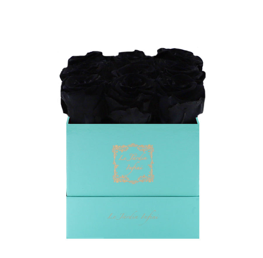 9 Black Preserved Roses - Luxury Square Shiny Turquoise Box