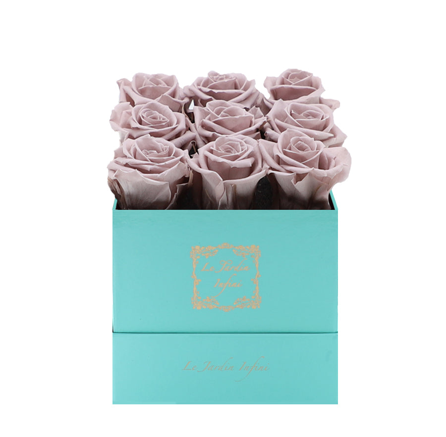 9 Blush Preserved Roses - Luxury Square Shiny Turquoise Box