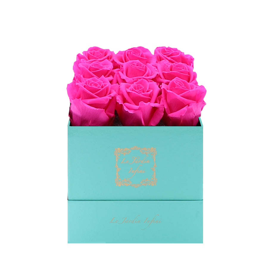 9 Bright Pink Preserved Roses - Luxury Square Shiny Turquoise Box