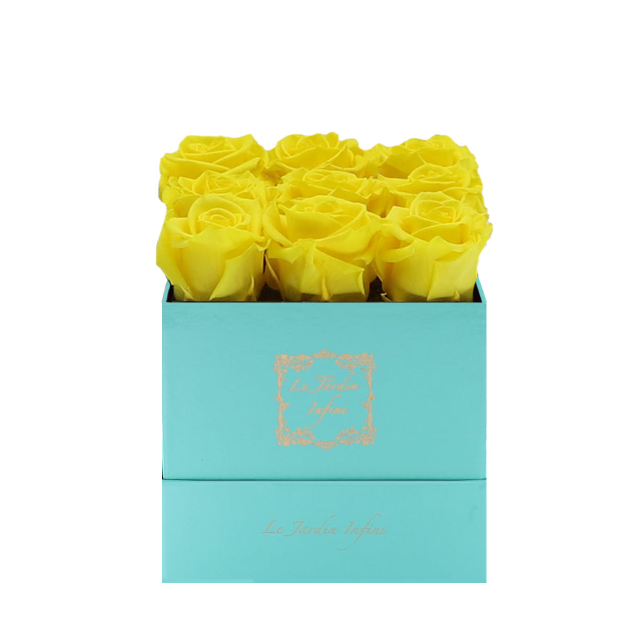 9 Yellow Preserved Roses - Luxury Square Shiny Turquoise Box