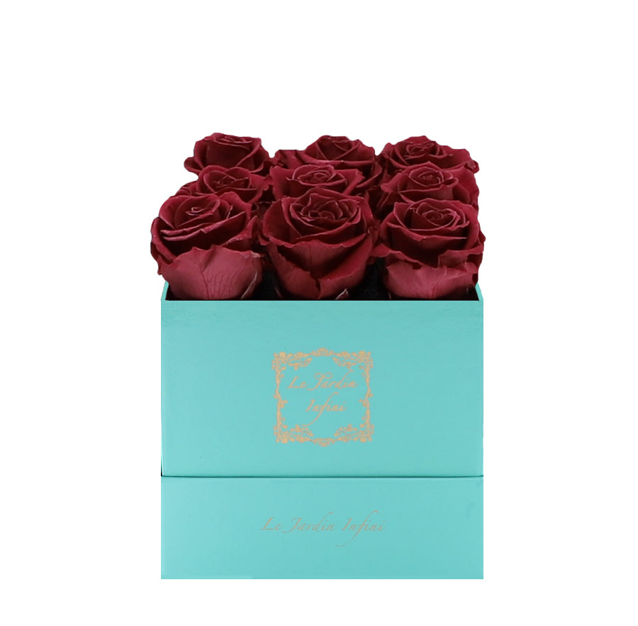 9 Burgundy Preserved Roses - Luxury Square Shiny Turquoise Box