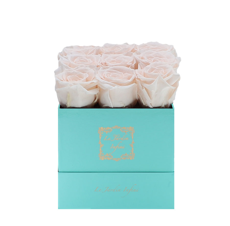 9 Champagne Preserved Roses - Luxury Square Shiny Turquoise Box