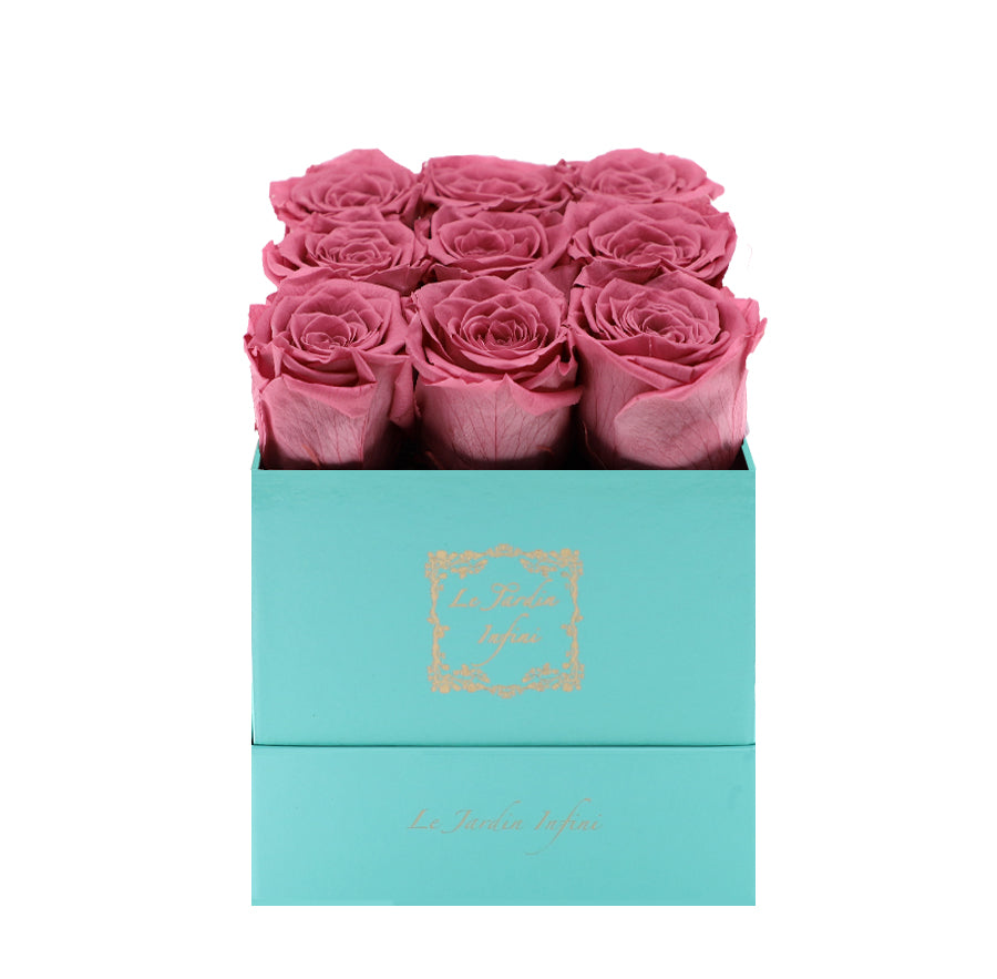 9 Cherry Blossom Preserved Roses - Luxury Square Shiny Turquoise Box