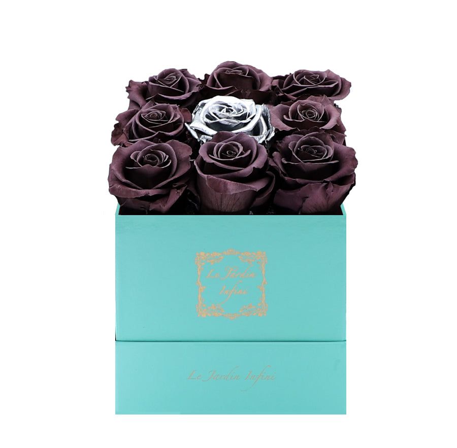9 Dark Purple & Silver Center Preserved Roses - Luxury Square Shiny Turquoise Box