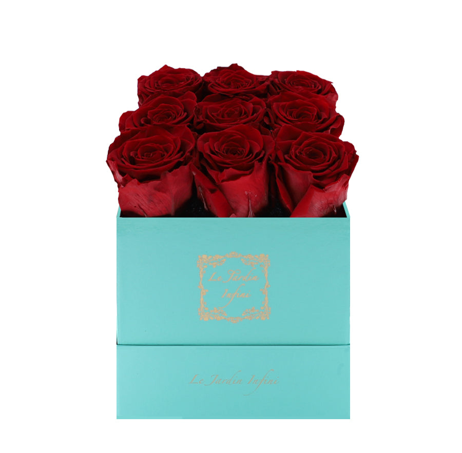 9 Dark Red Preserved Roses - Luxury Square Shiny Turquoise Box