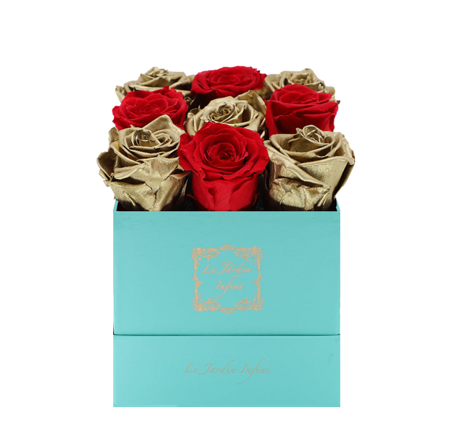 9 Gold & Red Checker Preserved Roses - Luxury Square Shiny Turquoise Box