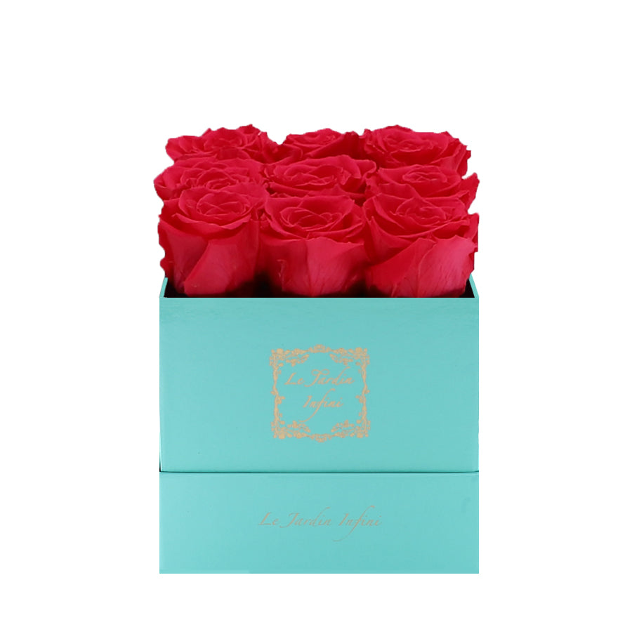 9 Hot Pink Preserved Roses - Luxury Square Shiny Turquoise Box