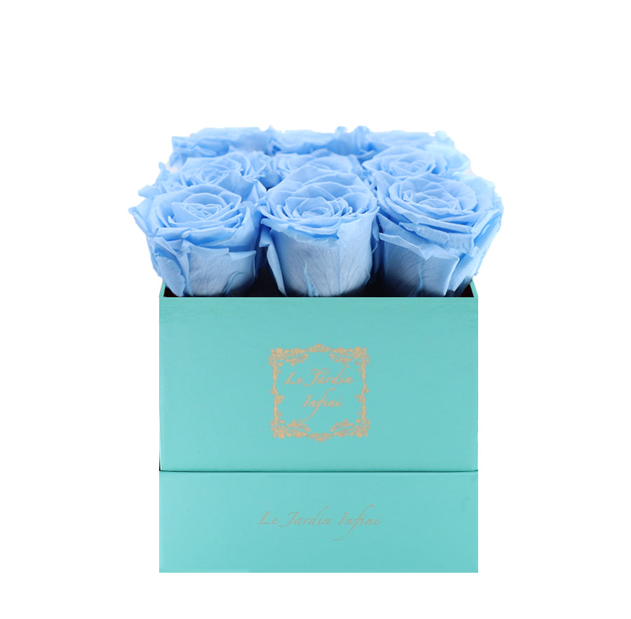 9 Light Blue Preserved Roses - Luxury Square Shiny Turquoise Box