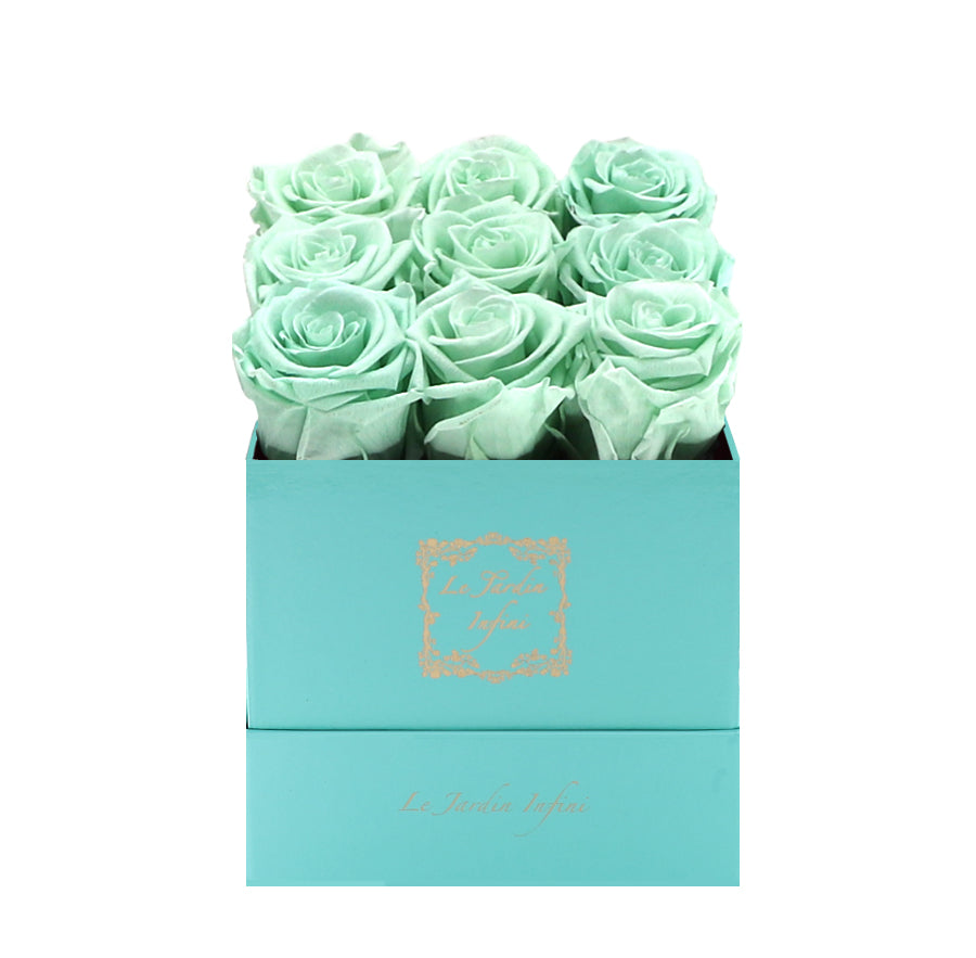 9 Light Green Preserved Roses - Luxury Square Shiny Turquoise Box