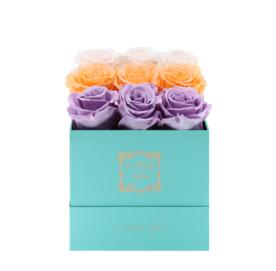 9 Lilac, Millenium Orange & Champagne Rows Preserved Roses - Luxury Square Shiny Turquoise Box