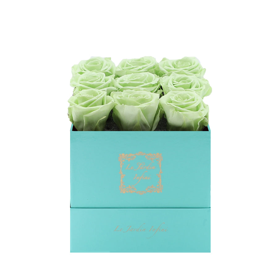 9 Mint Preserved Roses - Luxury Square Shiny Turquoise Box