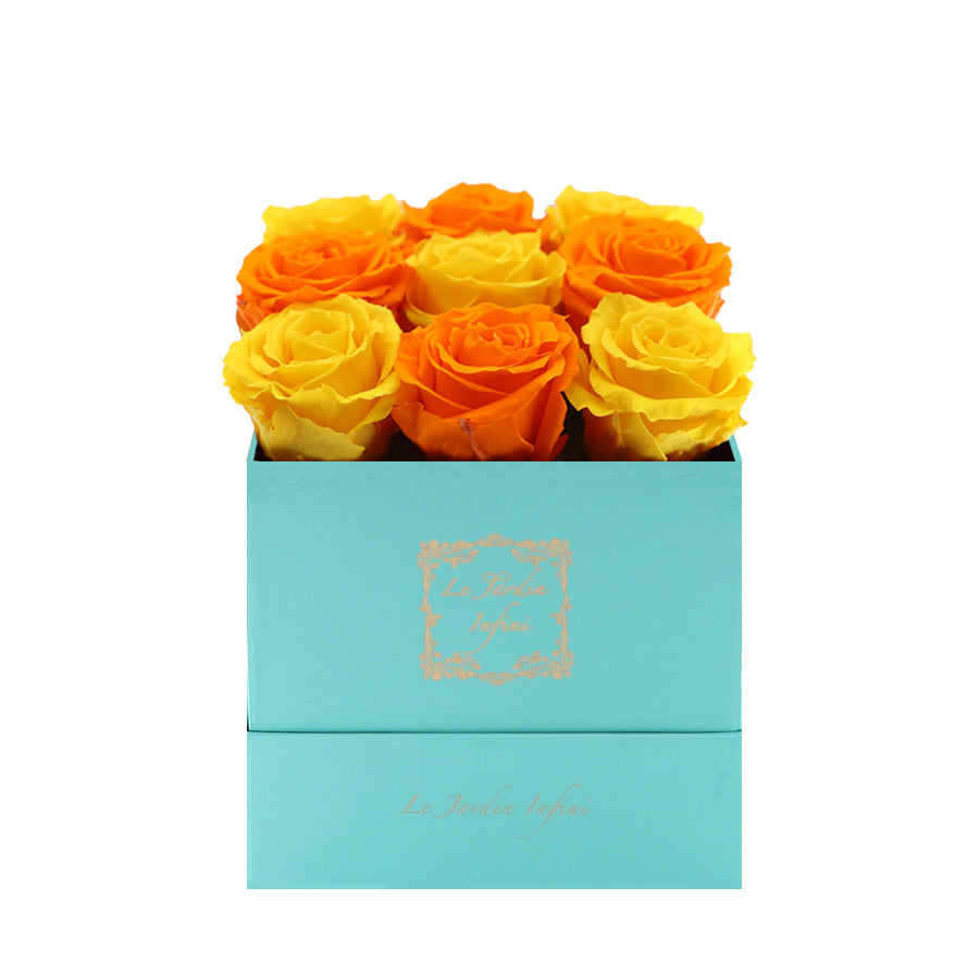 9 Orange & Warm Yellow Checker Preserved Roses - Luxury Square Shiny Turquoise Box