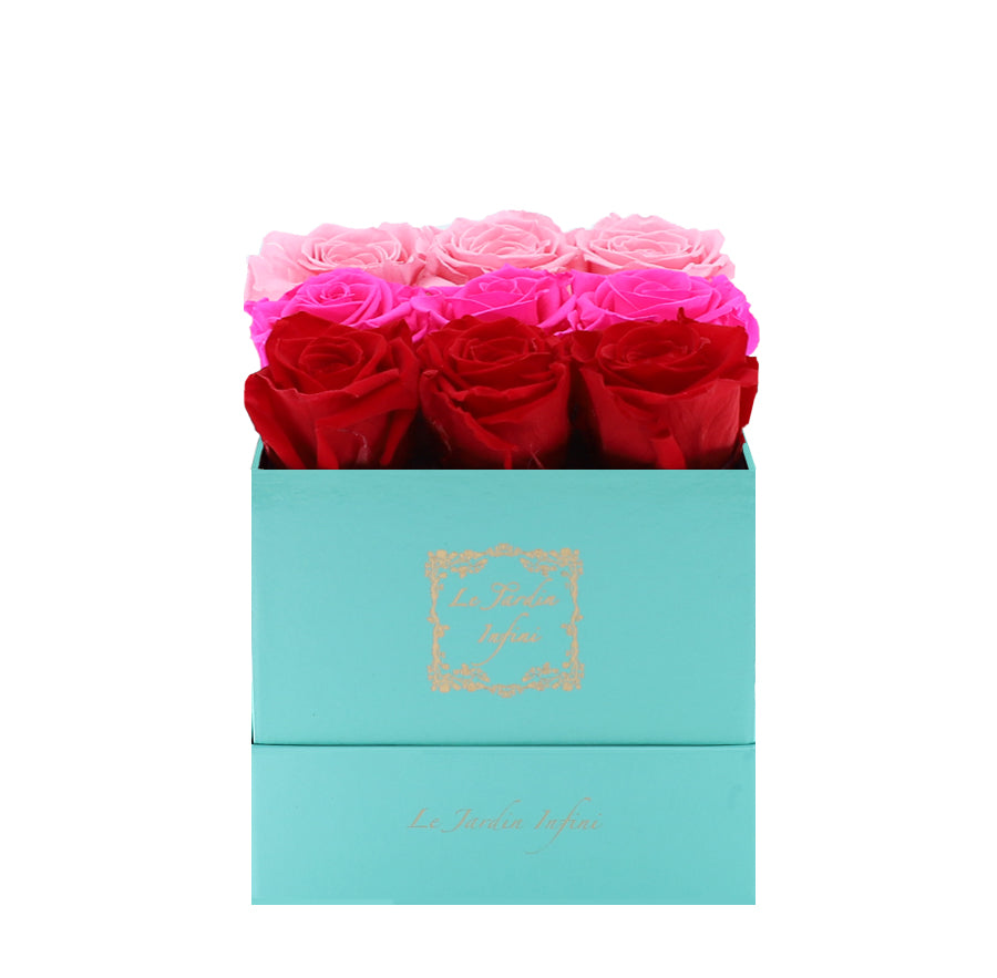 9 Red, Bright Pink & Pink Rows Preserved Roses - Luxury Square Shiny Turquoise Box