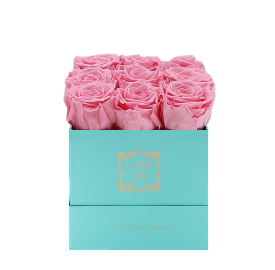 9 Pink Preserved Roses - Luxury Square Shiny Turquoise Box