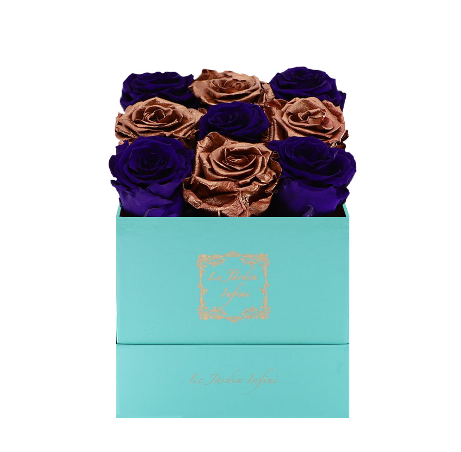 9 Purple & Copper Checker Preserved Roses - Luxury Square Shiny Turquoise Box