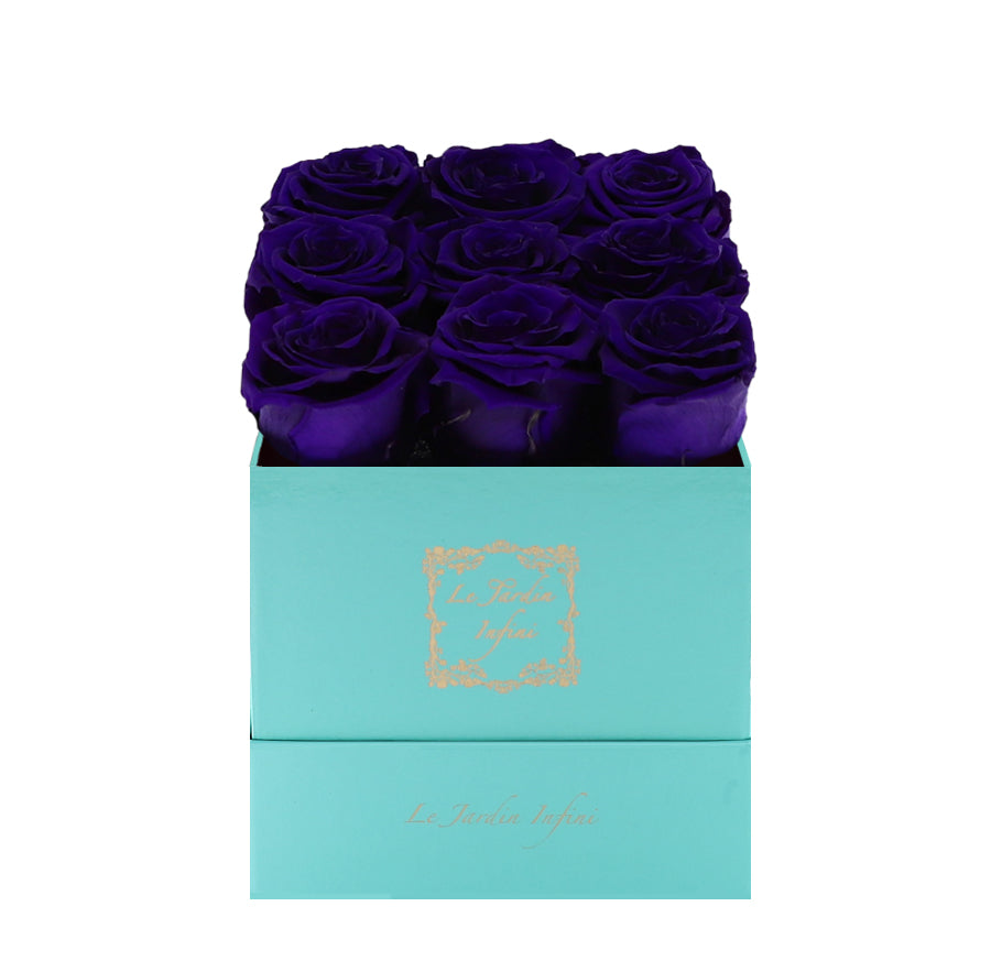 9 Purple Preserved Roses - Luxury Square Shiny Turquoise Box