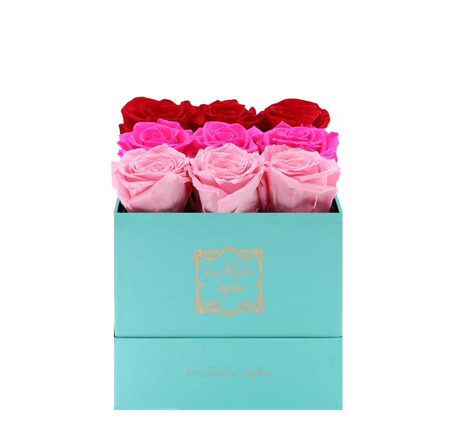 9 Red, Bright Pink & Pink Rows Preserved Roses - Luxury Square Shiny Turquoise Box