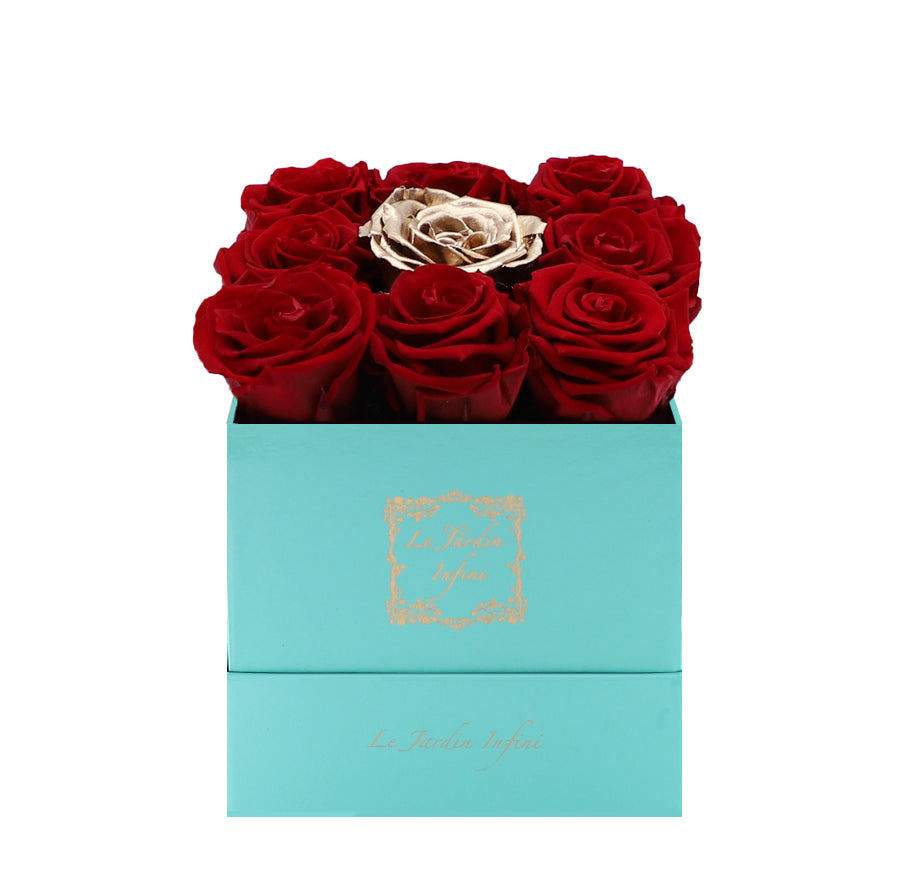 9 Red & Gold Center Preserved Roses - Luxury Square Shiny Turquoise Box
