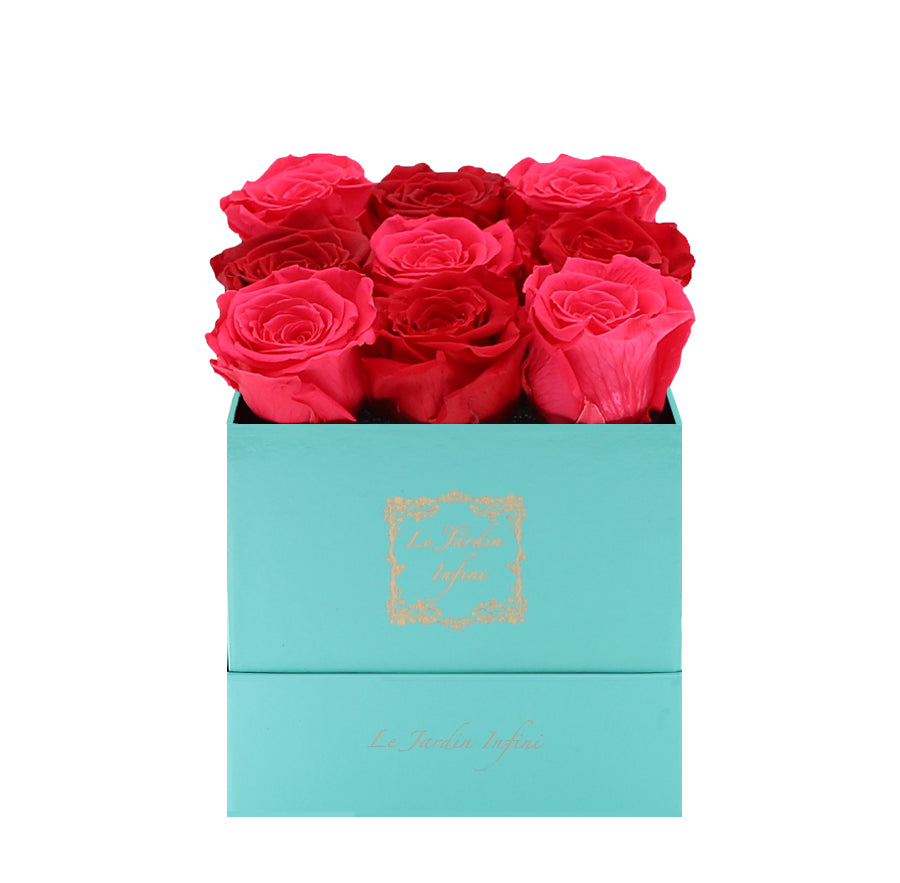 9 Hot Pink & Red Preserved Roses - Luxury Square Shiny Turquoise Box