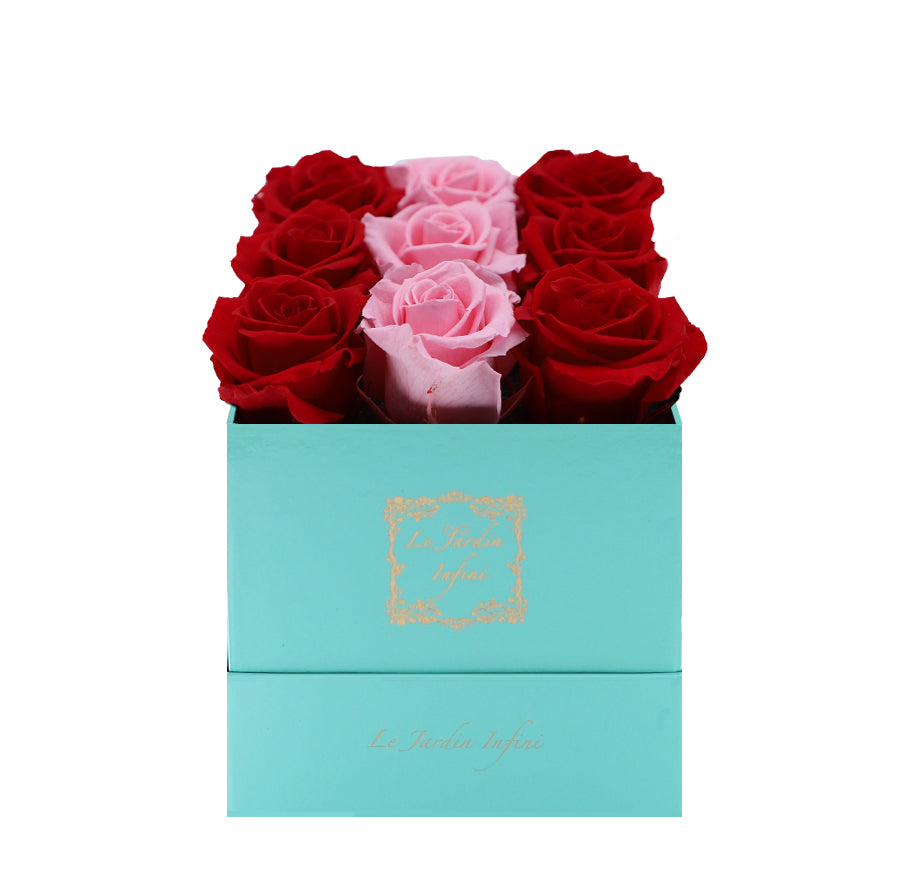 9 Red & Pink Rows Preserved Roses - Luxury Square Shiny Turquoise Box