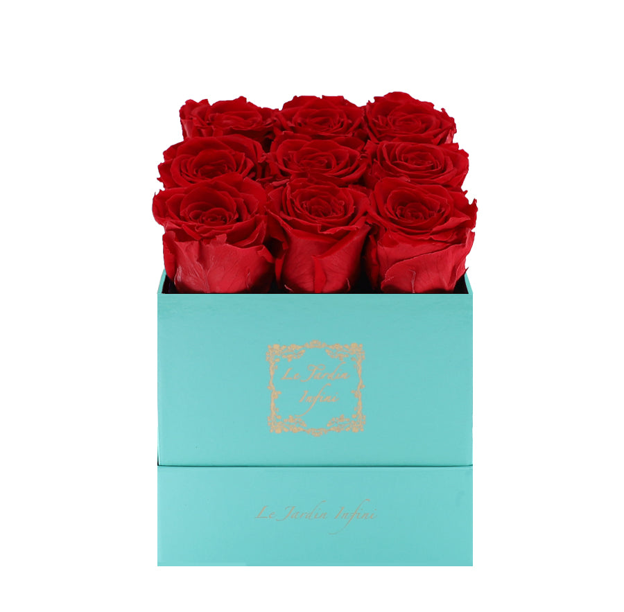 9 Red Preserved Roses - Luxury Square Shiny Turquoise Box
