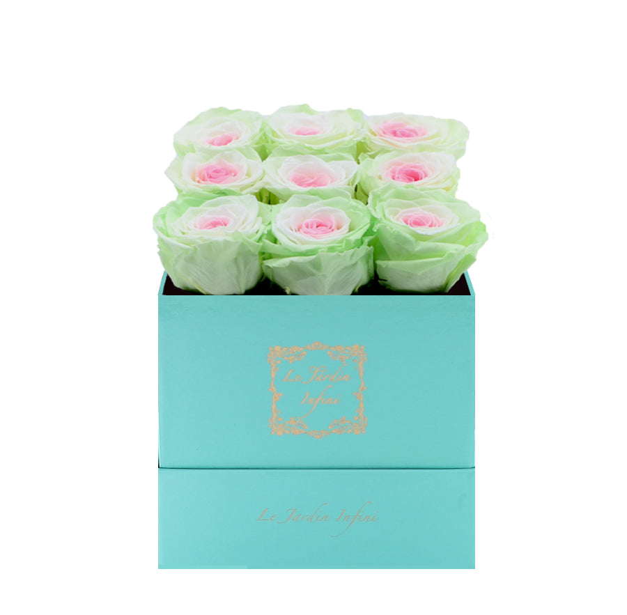9 Tricolor Preserved Roses - Luxury Square Shiny Turquoise Box