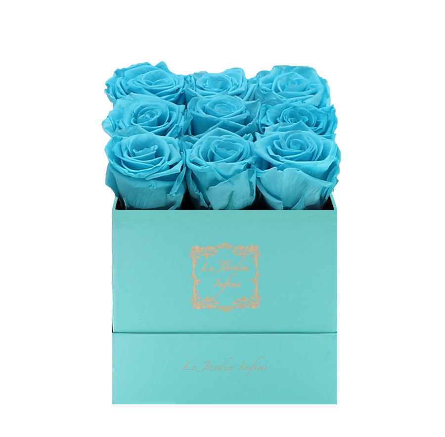 9 Turquoise Preserved Roses - Luxury Square Shiny Turquoise Box