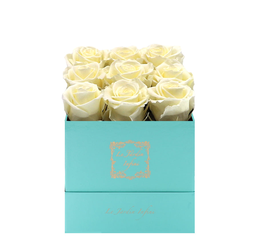 9 Vanilla Preserved Roses - Luxury Square Shiny Turquoise Box