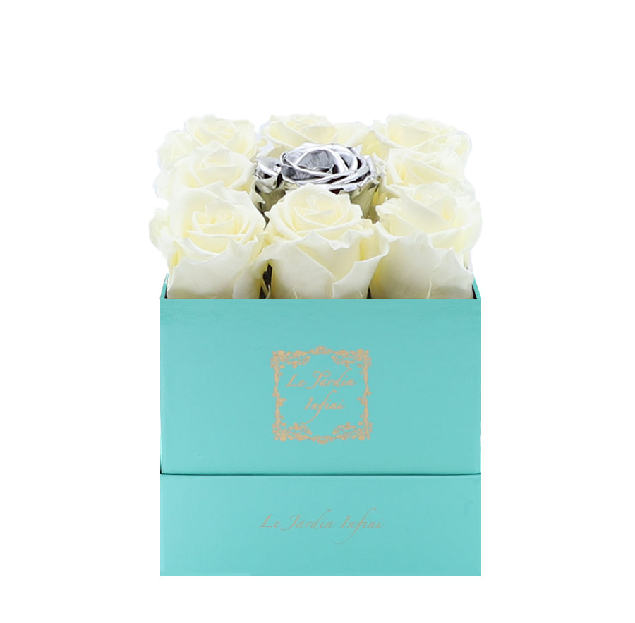 9 Vanilla & Silver Center Preserved Roses - Luxury Square Shiny Turquoise Box