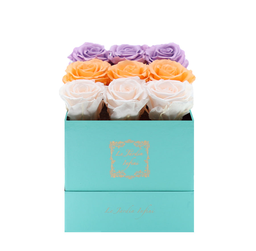 9 Lilac, Millenium Orange & Champagne Rows Preserved Roses - Luxury Square Shiny Turquoise Box