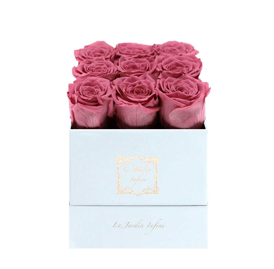 9 Cherry Blossom Preserved Roses - Luxury Square Shiny White Box