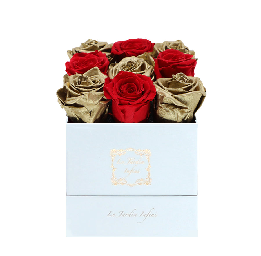 9 Gold & Red Checker Preserved Roses - Luxury Square Shiny White Box