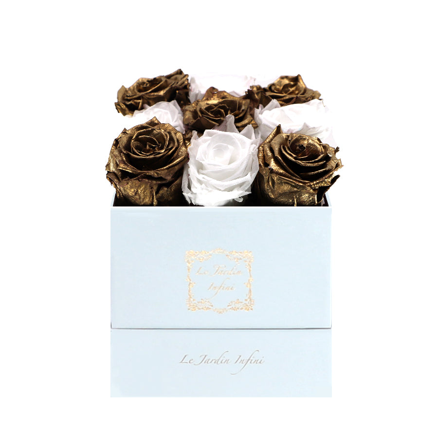 9 Gold & White Checker Preserved Roses - Luxury Square Shiny White Box