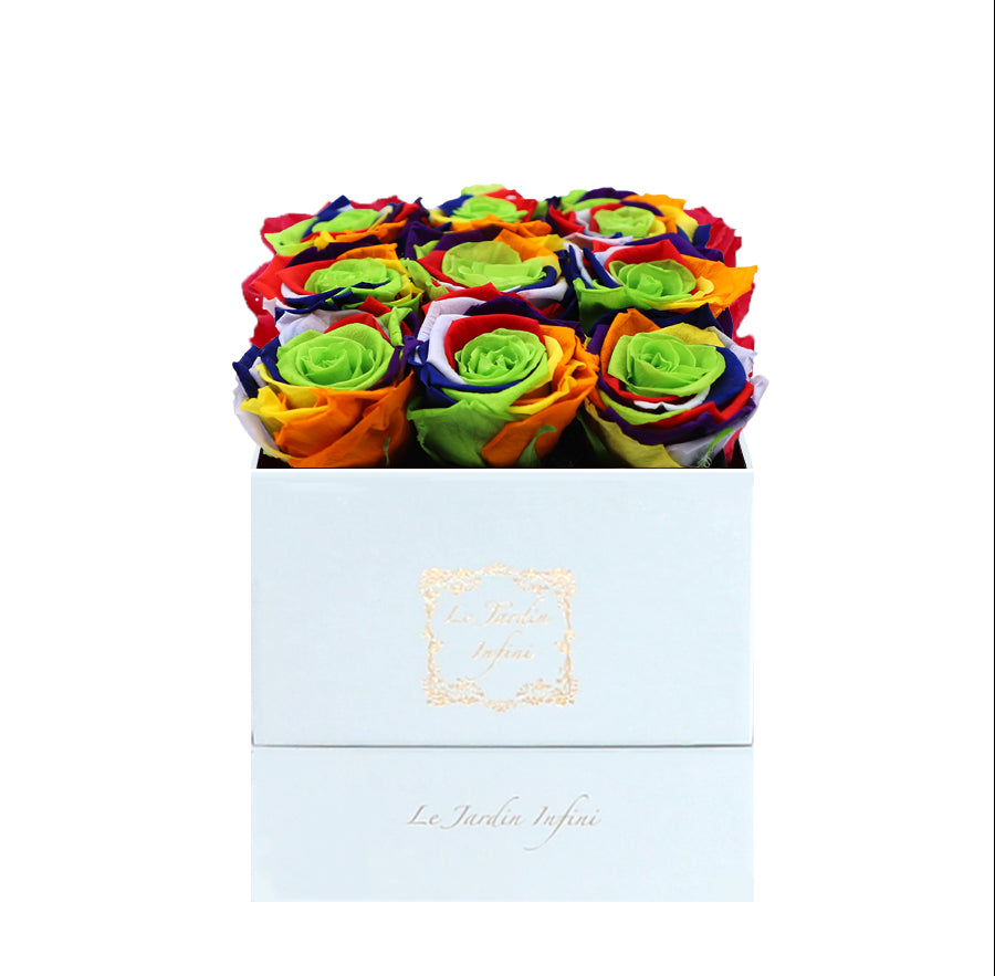 9 Rainbow Preserved Roses - Luxury Square Shiny White Box