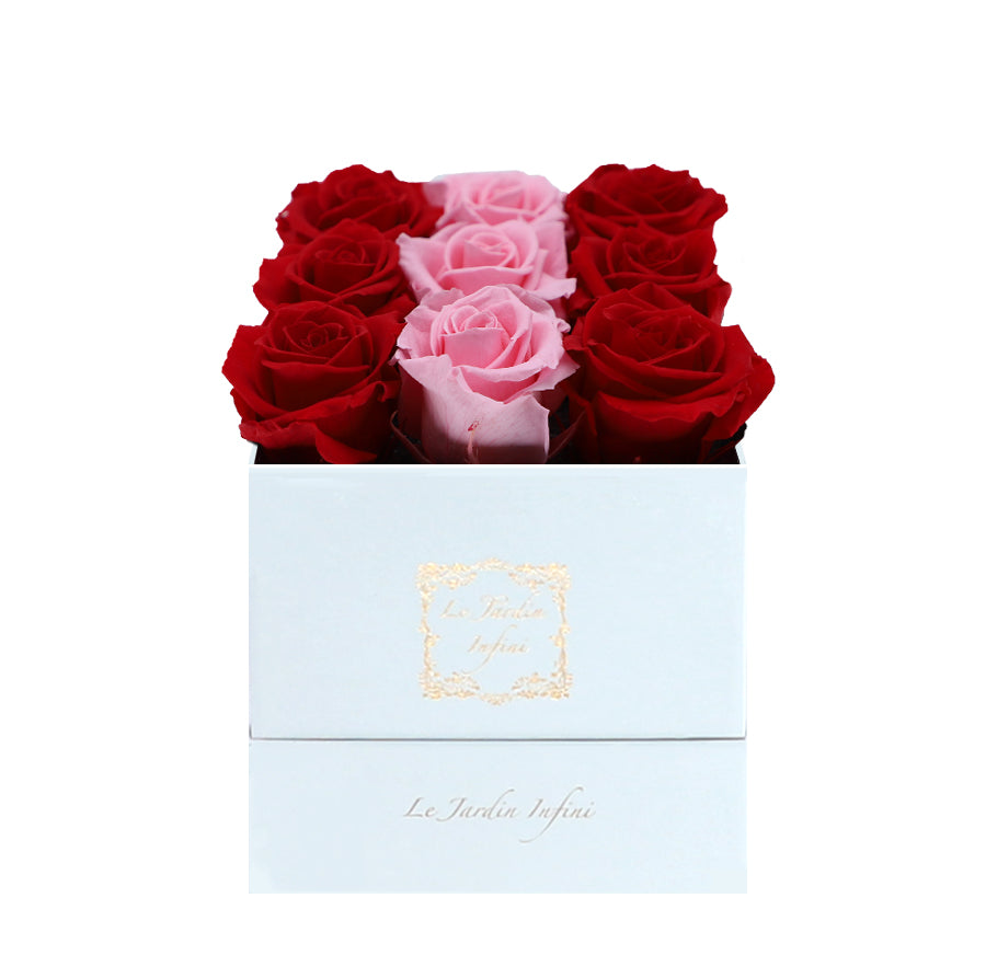 9 Red & Pink Rows Preserved Roses - Luxury Square Shiny White Box