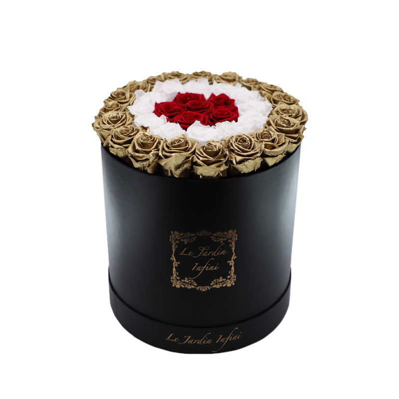 Gold Preserved Roses with White & Red Circles - Large Round Black Box