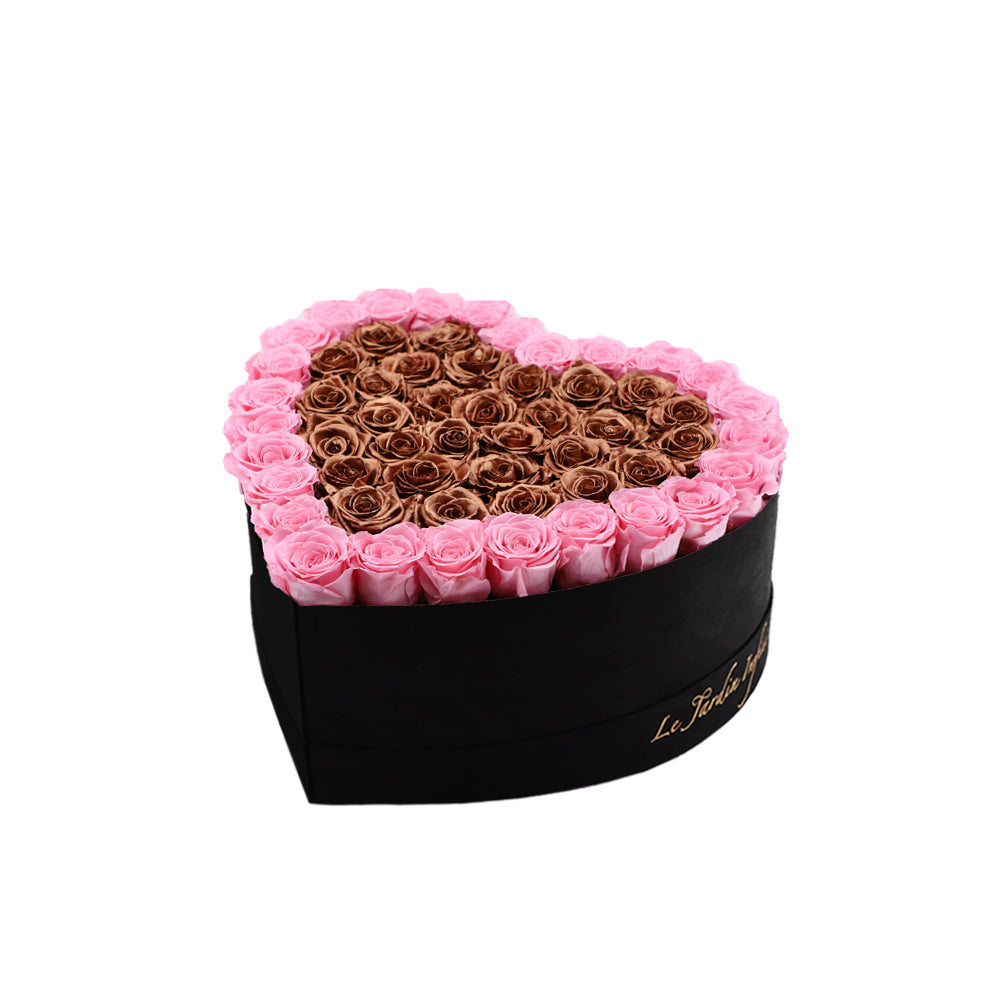 65-75 Pink & Copper Preserved Roses Double Hearts in A Heart Shaped Box- Medium Heart Luxury Black Suede Box