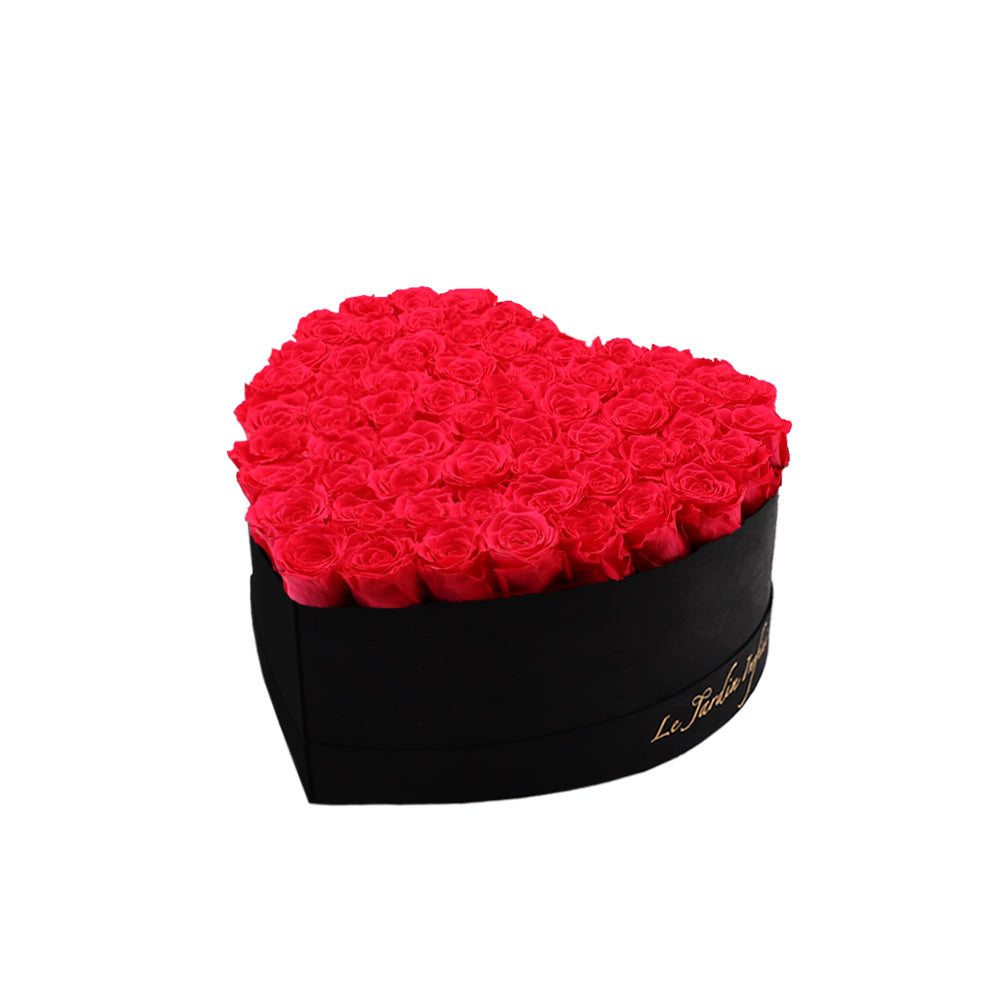 65-75 Hot Pink Preserved Roses in A Heart Shaped Box- Medium Heart Luxury Black Suede Box