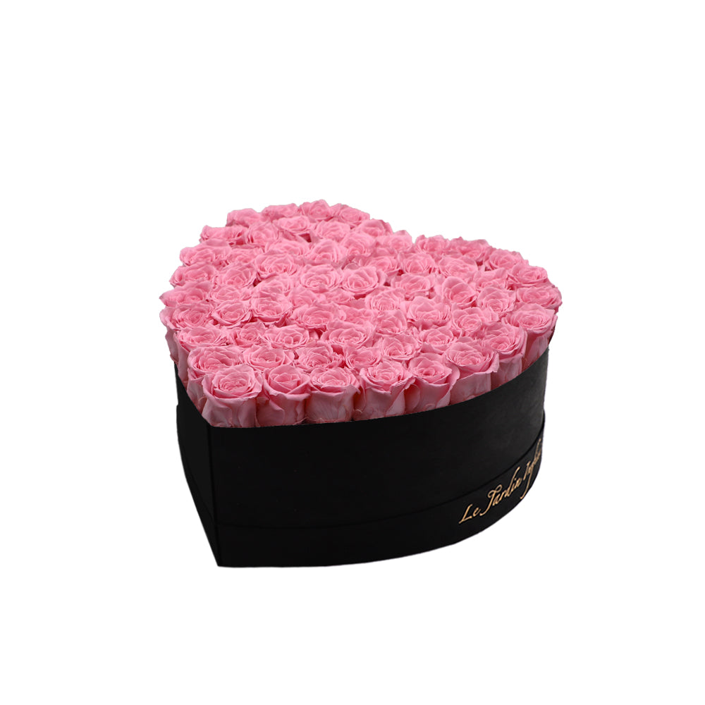 65-75 Pink Preserved Roses in A Heart Shaped Box- Medium Heart Luxury Black Suede Box