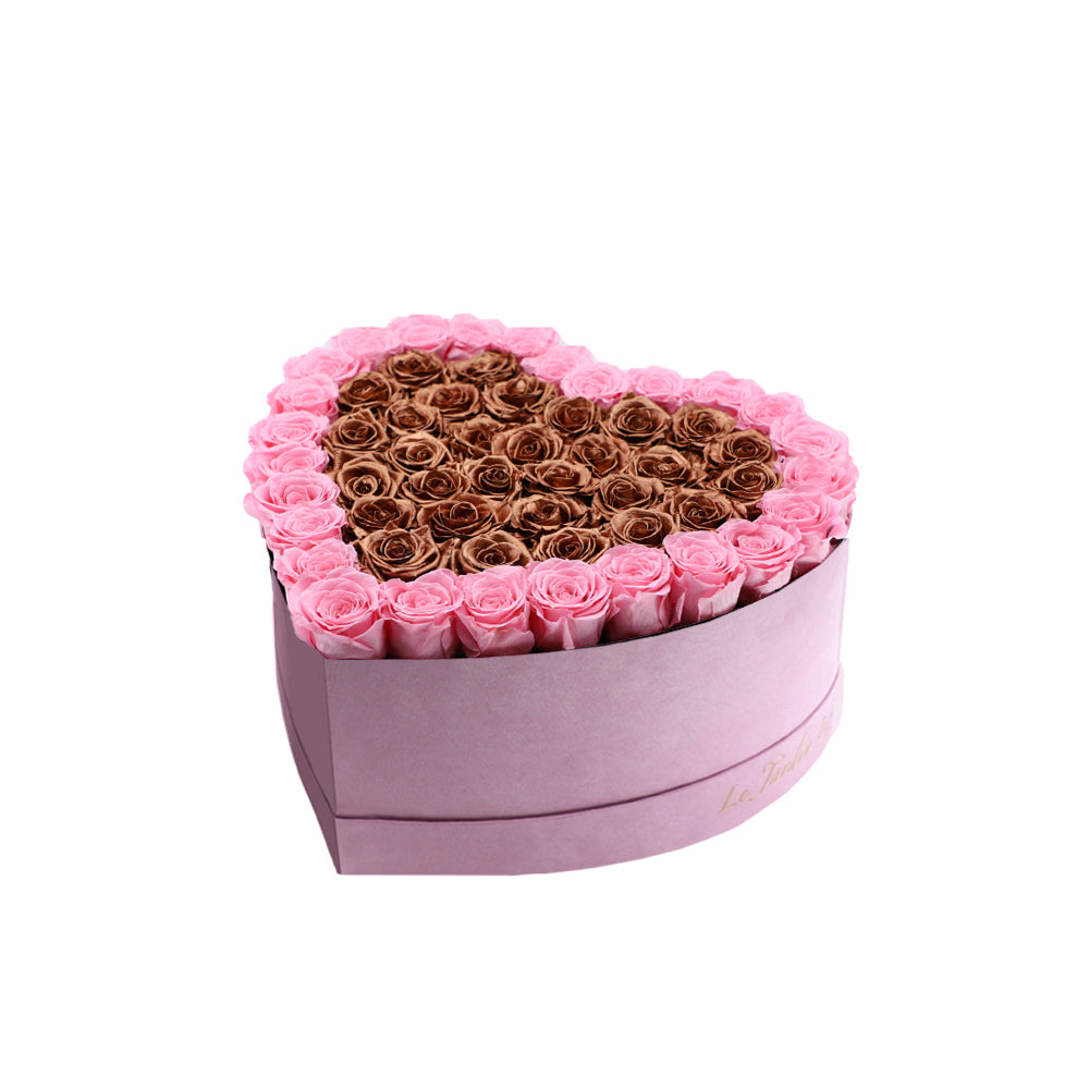 65-75 Pink & Copper Preserved Roses Double Hearts in A Heart Shaped Box- Medium Heart Luxury Pink Suede Box