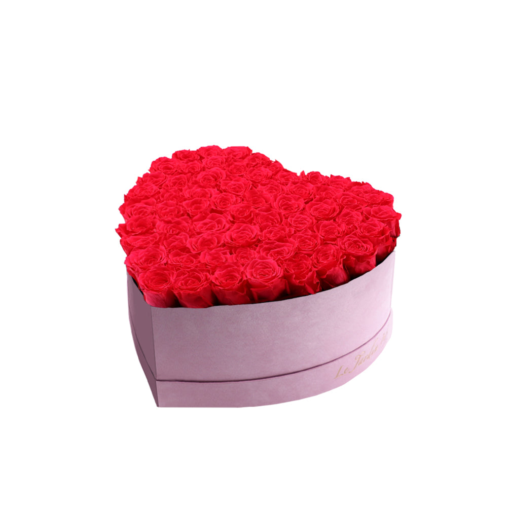 65-75 Hot Pink Preserved Roses in A Heart Shaped Box- Medium Heart Luxury Pink Suede Box
