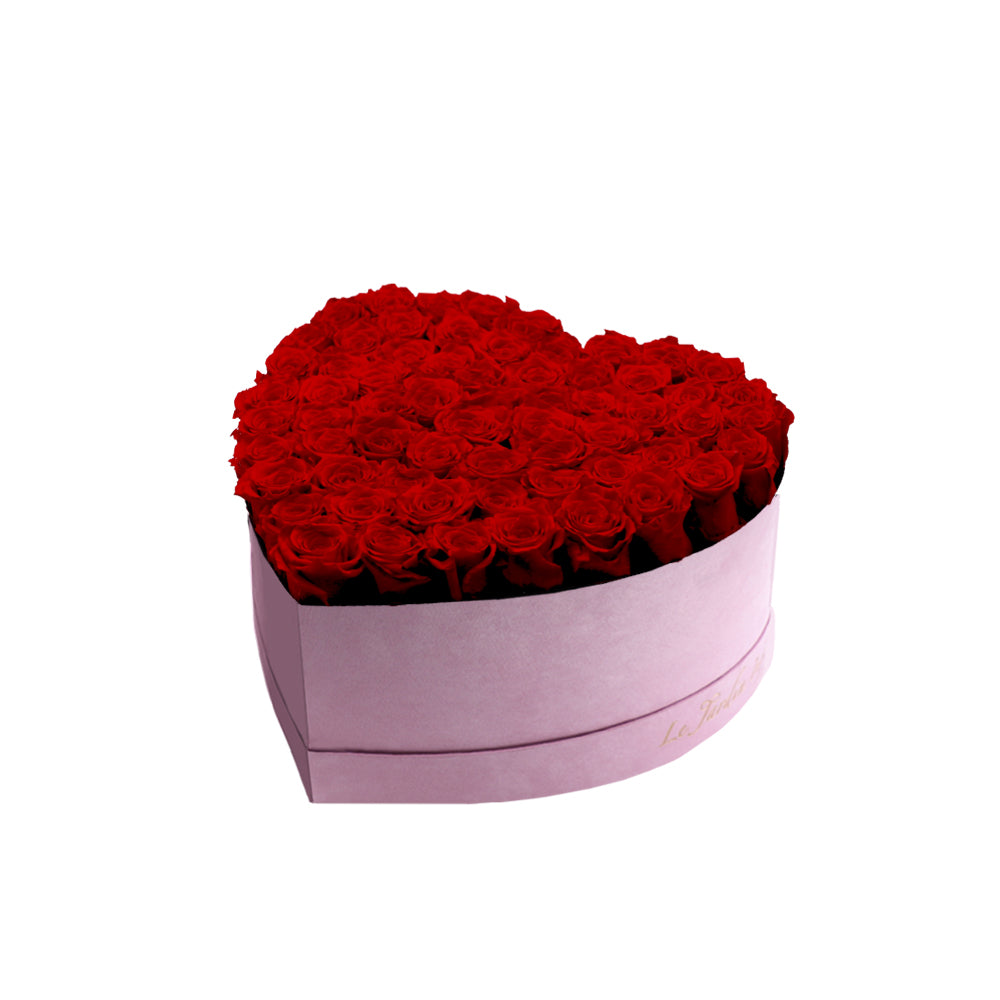 65-75 Red Preserved Roses in A Heart Shaped Box- Medium Heart Luxury Pink Suede Box