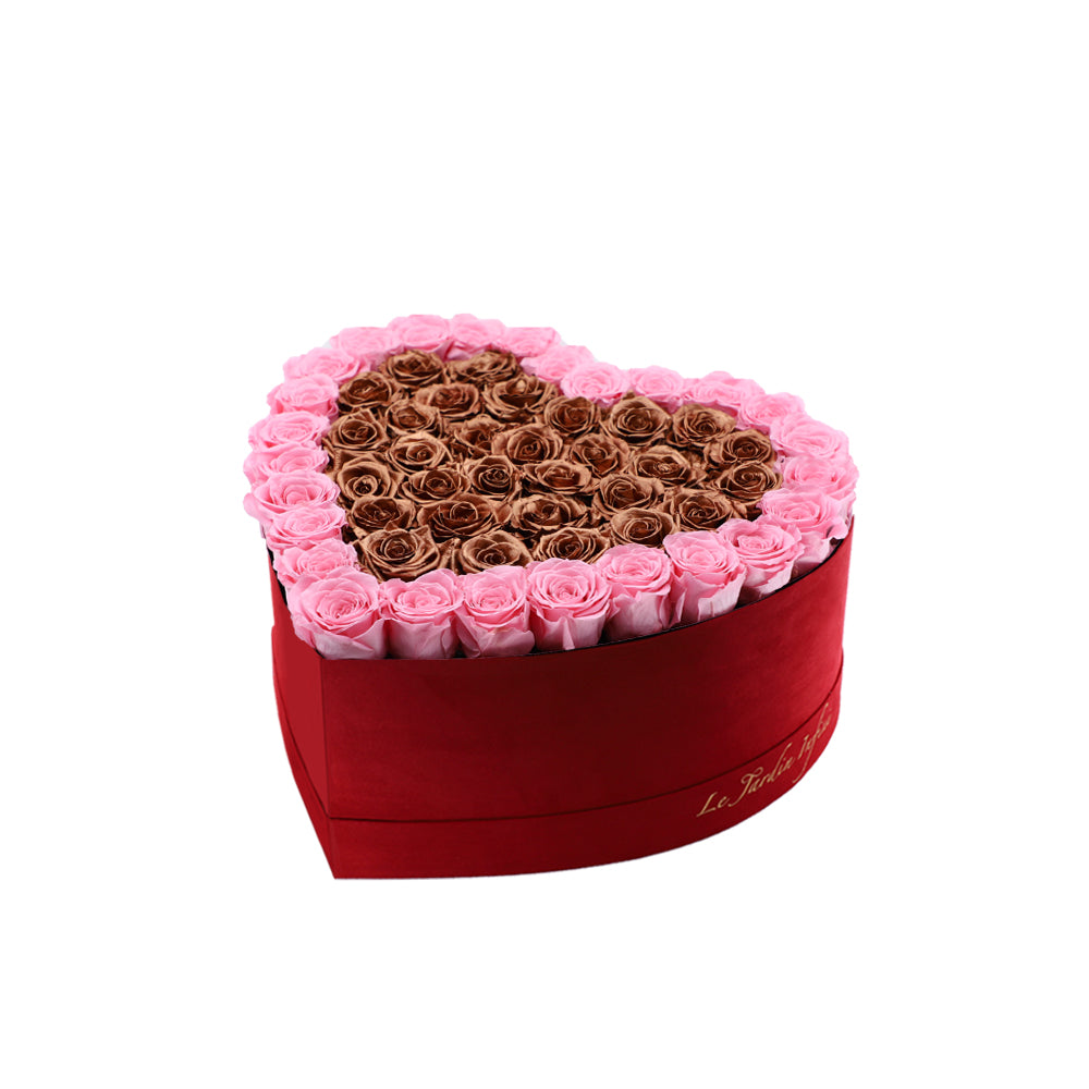 65-75 Pink & Copper Preserved Roses Double Hearts in A Heart Shaped Box- Medium Heart Luxury Red Suede Box