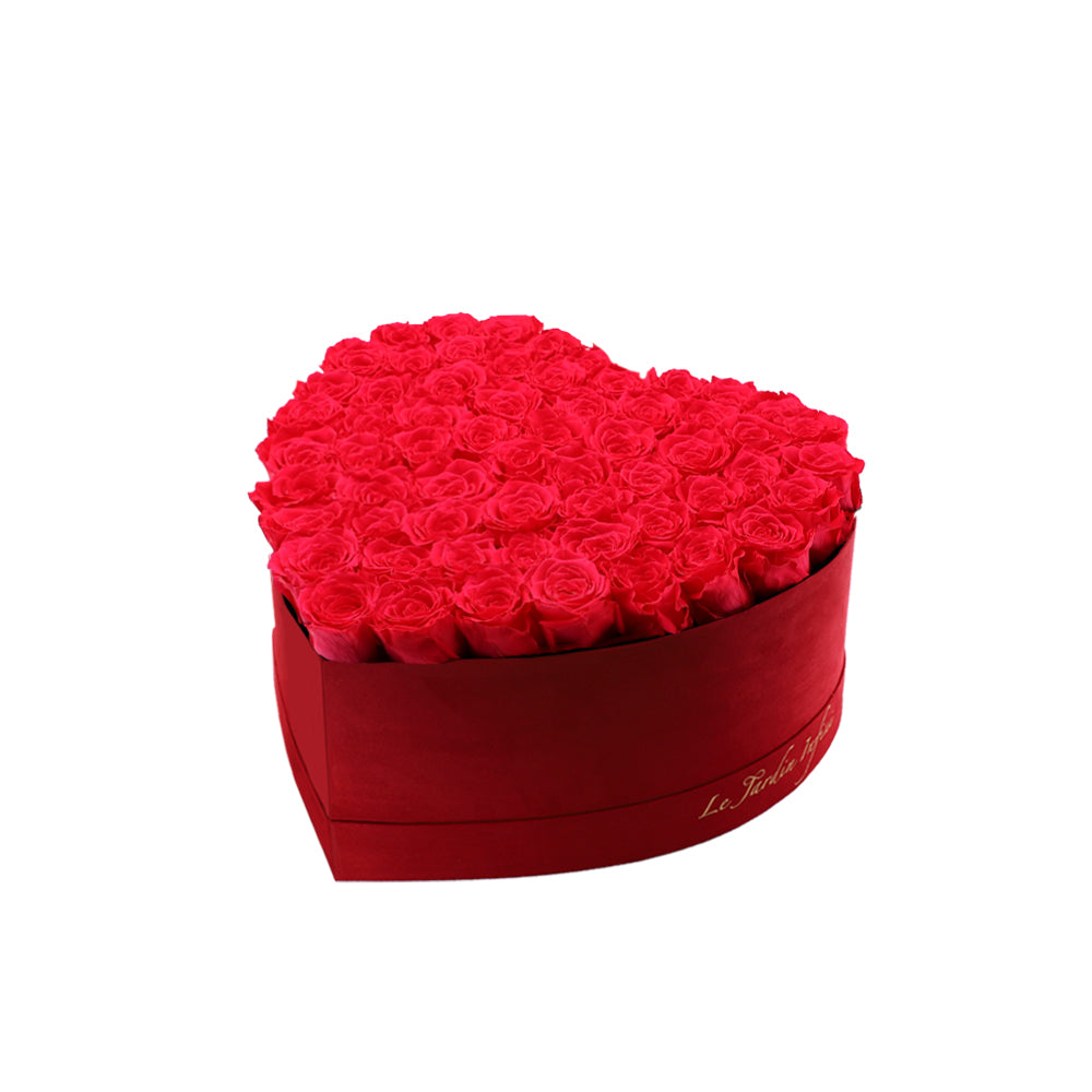 65-75 Hot Pink Preserved Roses in A Heart Shaped Box- Medium Heart Luxury Red Suede Box