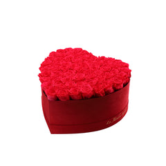 55-65 Hot Pink Preserved Roses in A Heart Shaped Box- Medium Heart Luxury  Red Suede Box