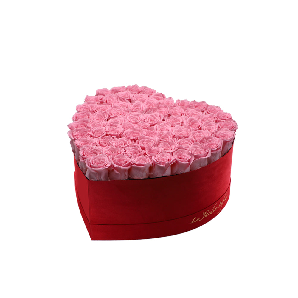 65-75 Pink Preserved Roses in A Heart Shaped Box- Medium Heart Luxury Red Suede Box