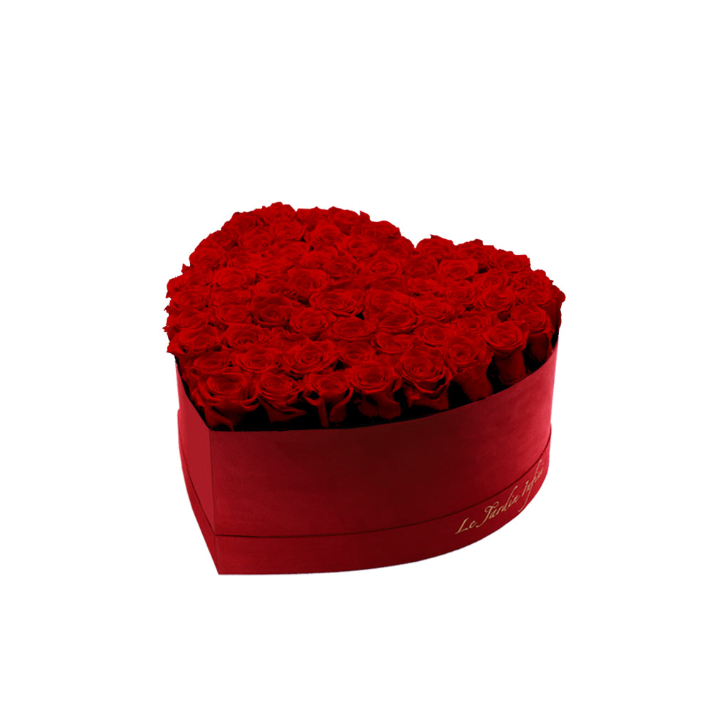 65-75 Red Preserved Roses in A Heart Shaped Box- Medium Heart Luxury Red Suede Box