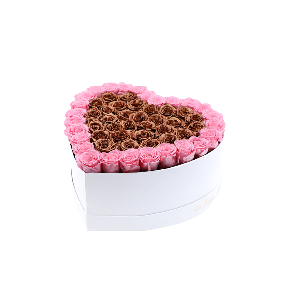 65-75 Pink & Copper Preserved Roses Double Hearts in A Heart Shaped Box- Medium Heart Luxury White Suede Box